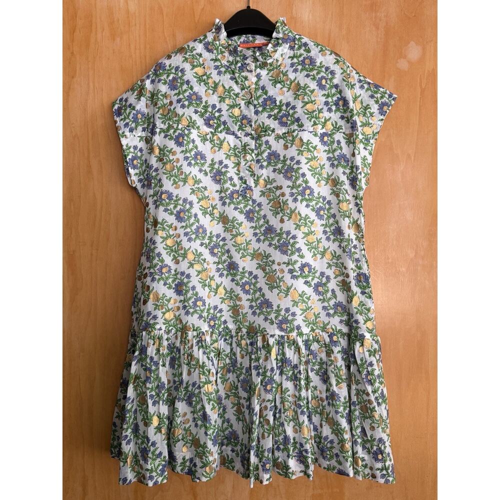OLIPHANT Block Print Floral Dress White Green Blue Purple Gold Sz Medium NWOT